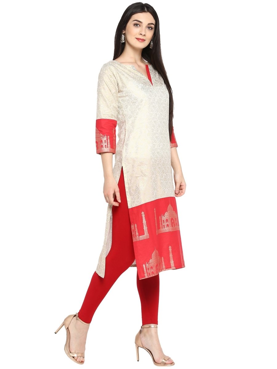 Ahalyaa Off White & Red Metallic Printed Straight Cotton Blend Beautiful Kurta | Swadesiicart