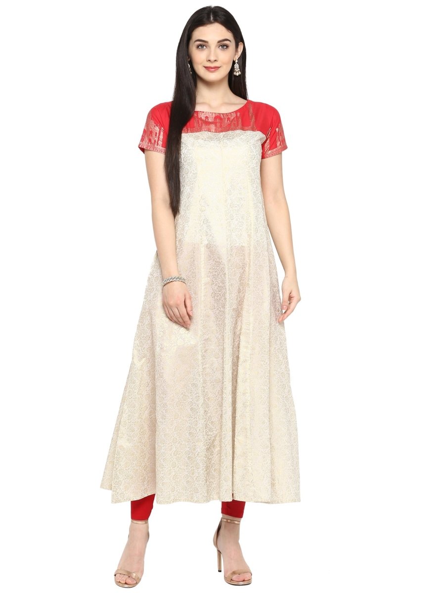 Ahalyaa Red & Off White Metallic Print Beautiful Anarkali Kurta | Swadesiicart
