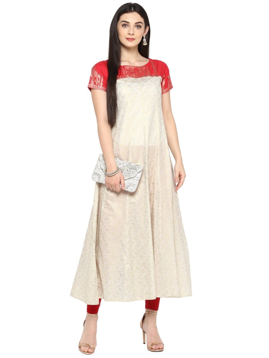 Ahalyaa Red & Off White Metallic Print Beautiful Anarkali Kurta | Swadesiicart