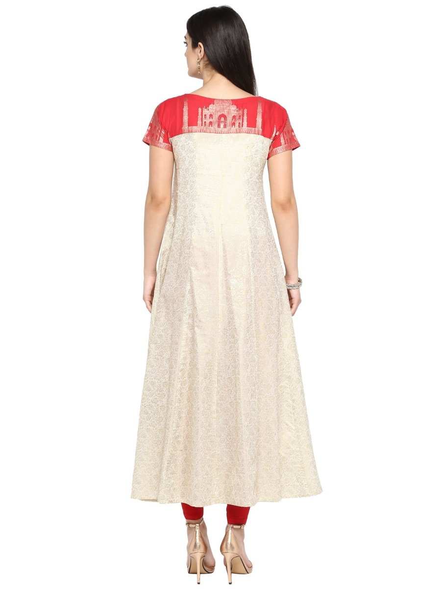 Ahalyaa Red & Off White Metallic Print Beautiful Anarkali Kurta | Swadesiicart