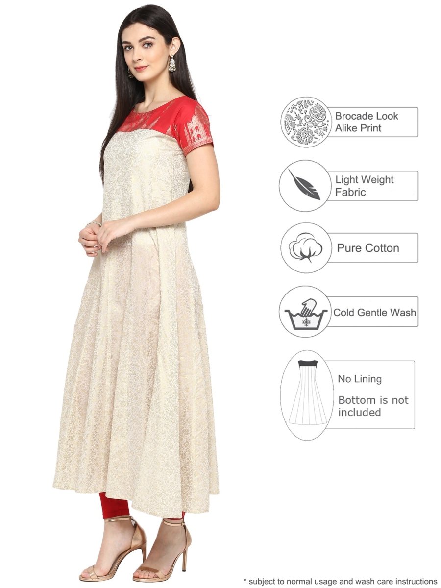 Ahalyaa Red & Off White Metallic Print Beautiful Anarkali Kurta | Swadesiicart
