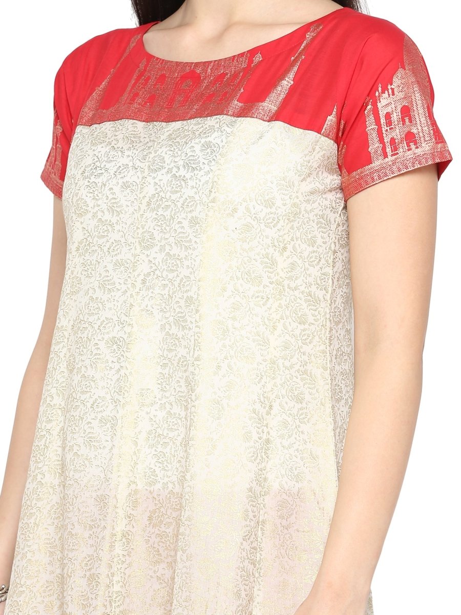 Ahalyaa Red & Off White Metallic Print Beautiful Anarkali Kurta | Swadesiicart