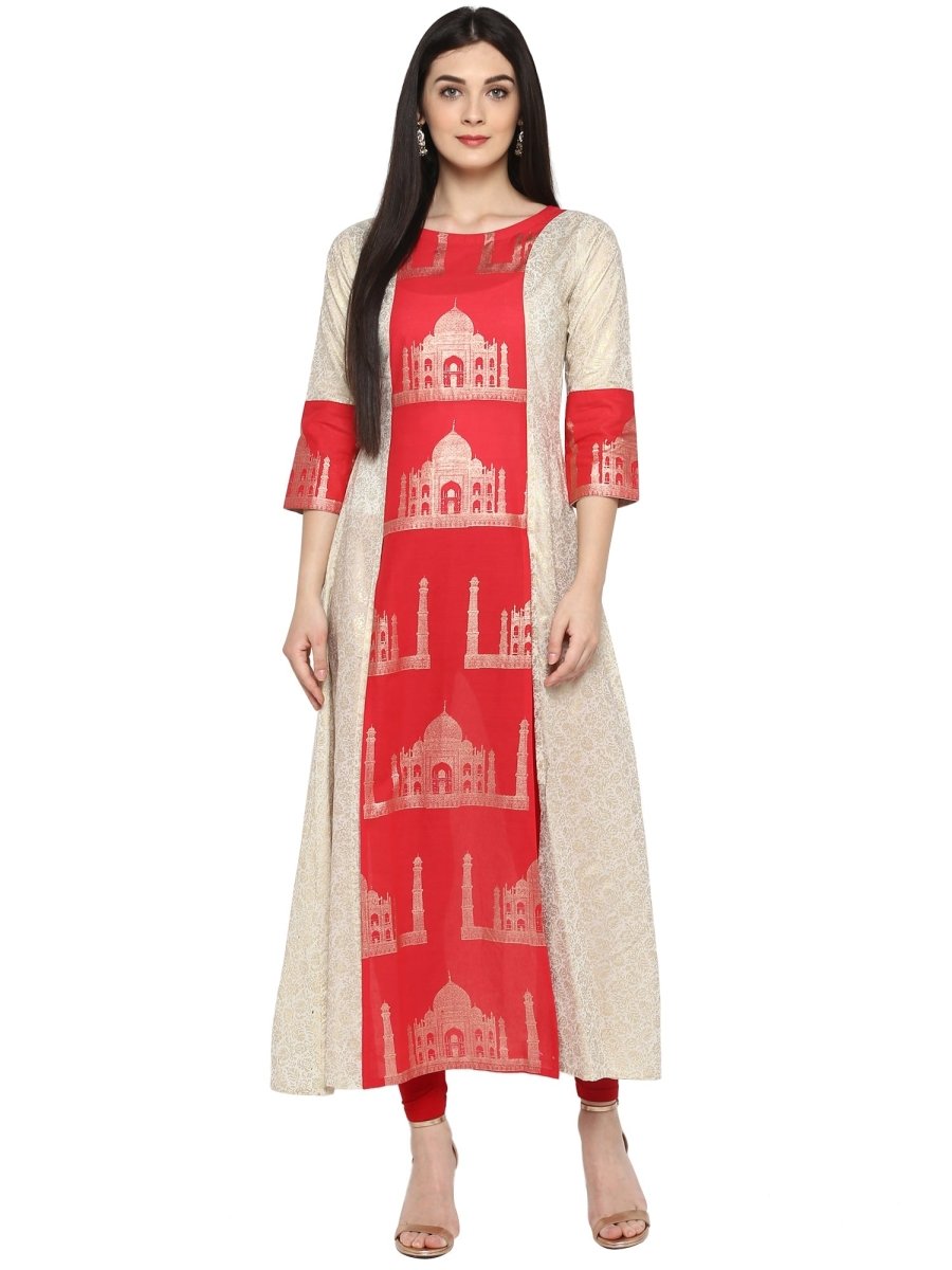 Ahalyaa Taj Mahal Print and Brocade Look Off White & Red Kurta | Swadesiicart