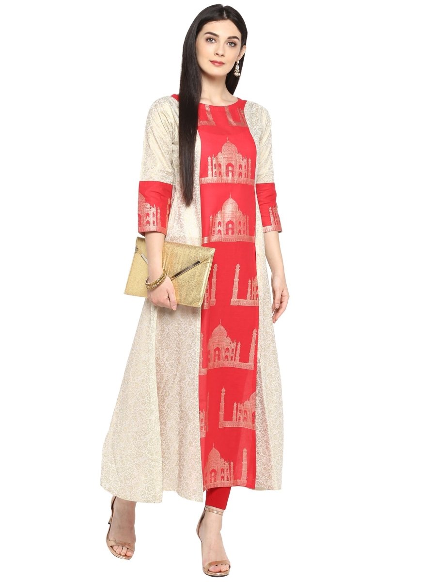 Ahalyaa Taj Mahal Print and Brocade Look Off White & Red Kurta | Swadesiicart