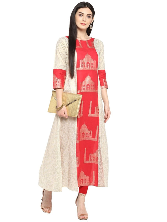 Ahalyaa Taj Mahal Print and Brocade Look Off White & Red Kurta | Swadesiicart