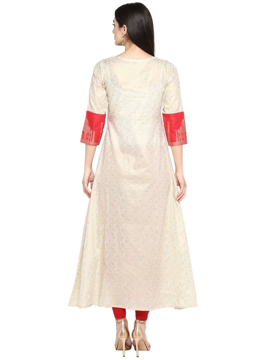 Ahalyaa Taj Mahal Print and Brocade Look Off White & Red Kurta | Swadesiicart