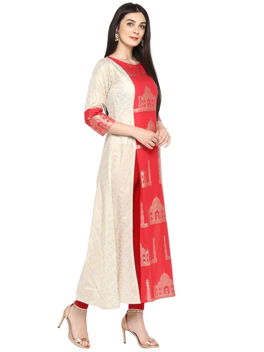 Ahalyaa Taj Mahal Print and Brocade Look Off White & Red Kurta | Swadesiicart