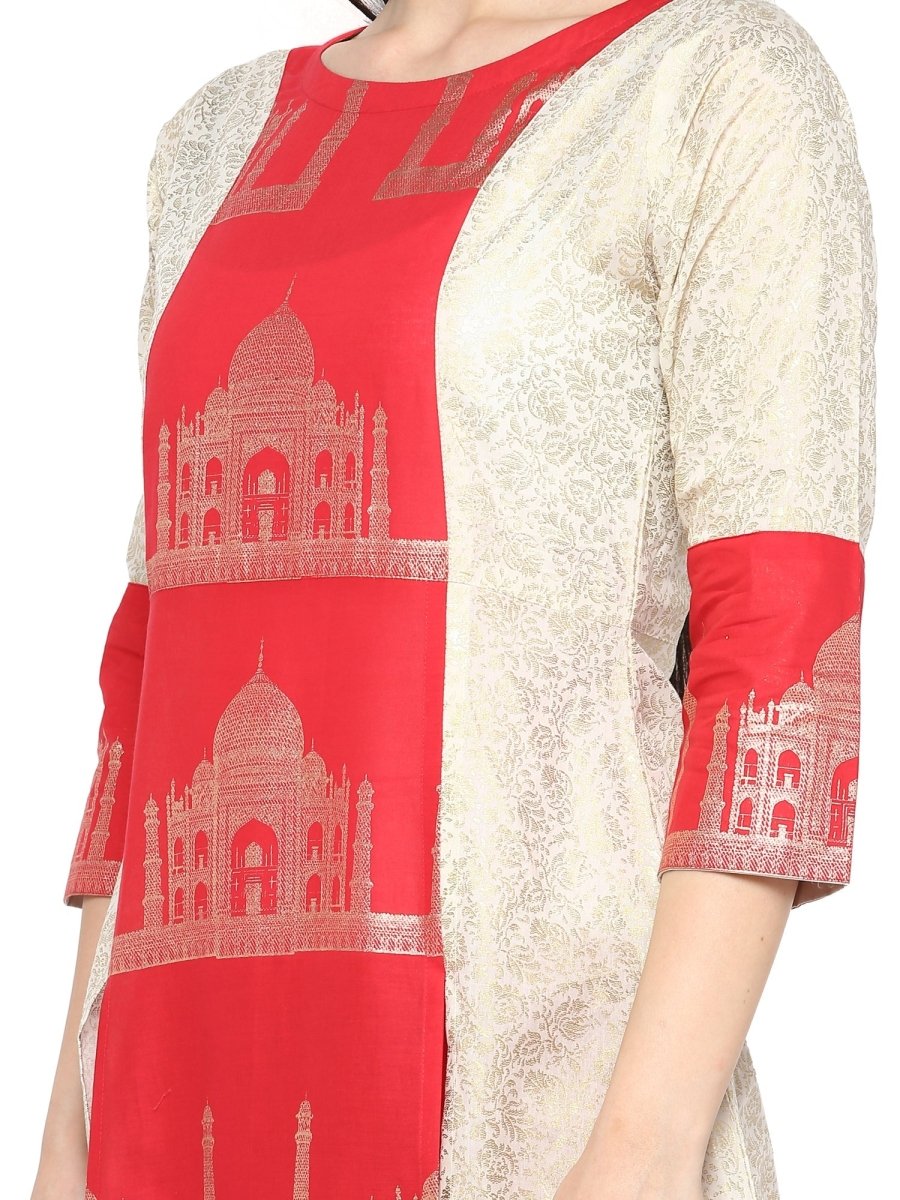 Ahalyaa Taj Mahal Print and Brocade Look Off White & Red Kurta | Swadesiicart