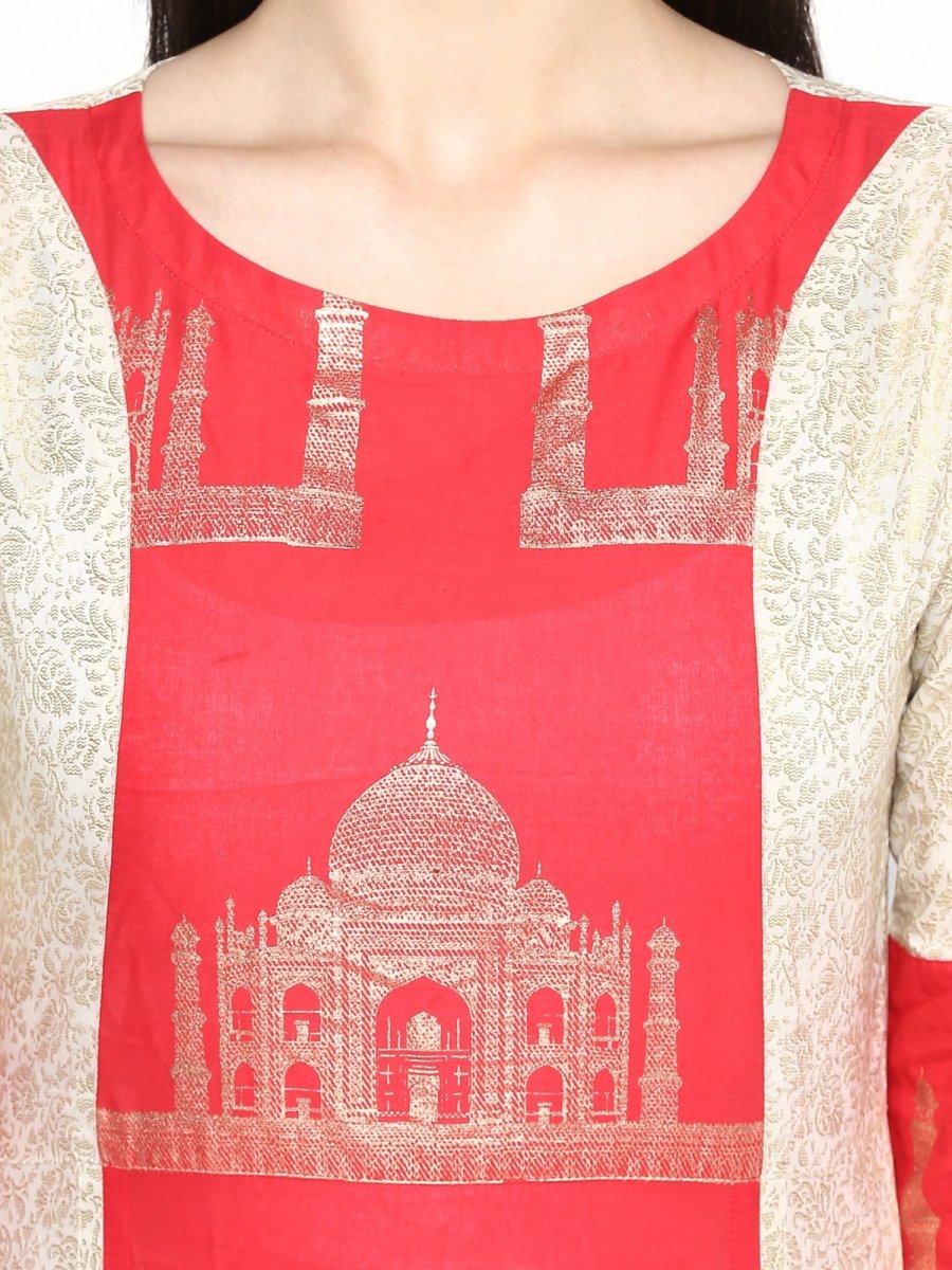 Ahalyaa Taj Mahal Print and Brocade Look Off White & Red Kurta | Swadesiicart
