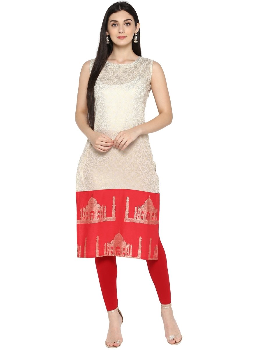 Ahalyaa Off White & Red Metallic Printed Straight Cotton Blend Kurta | Swadesiicart