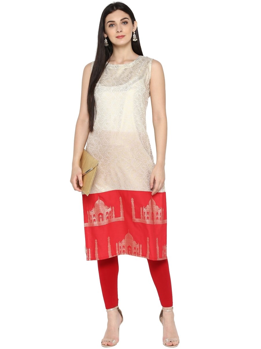 Ahalyaa Off White & Red Metallic Printed Straight Cotton Blend Kurta | Swadesiicart
