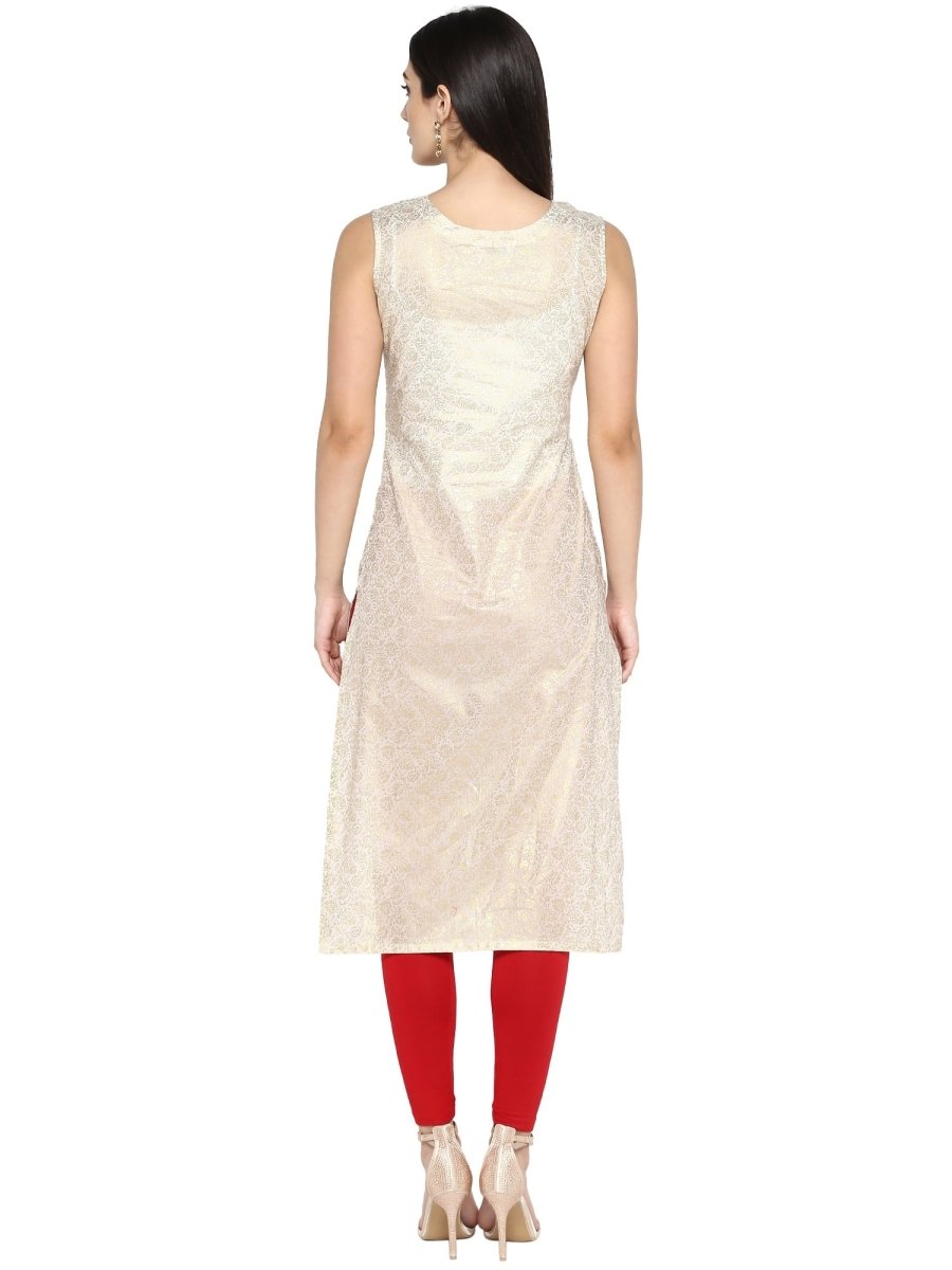 Ahalyaa Off White & Red Metallic Printed Straight Cotton Blend Kurta | Swadesiicart