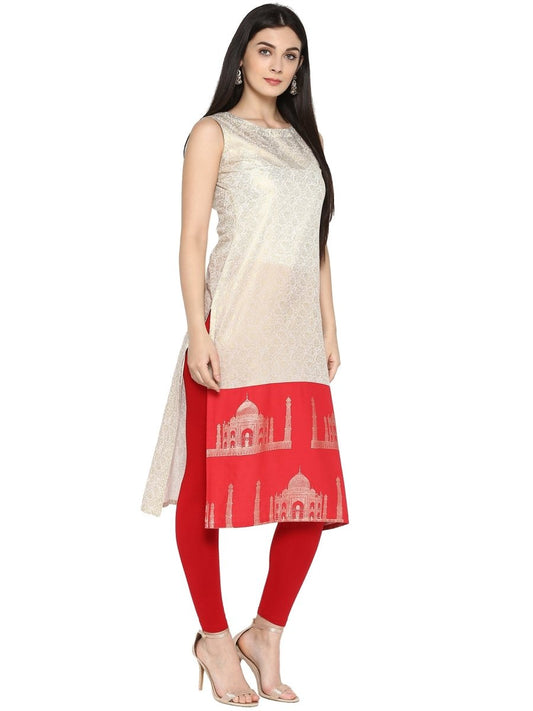 Ahalyaa Off White & Red Metallic Printed Straight Cotton Blend Kurta | Swadesiicart