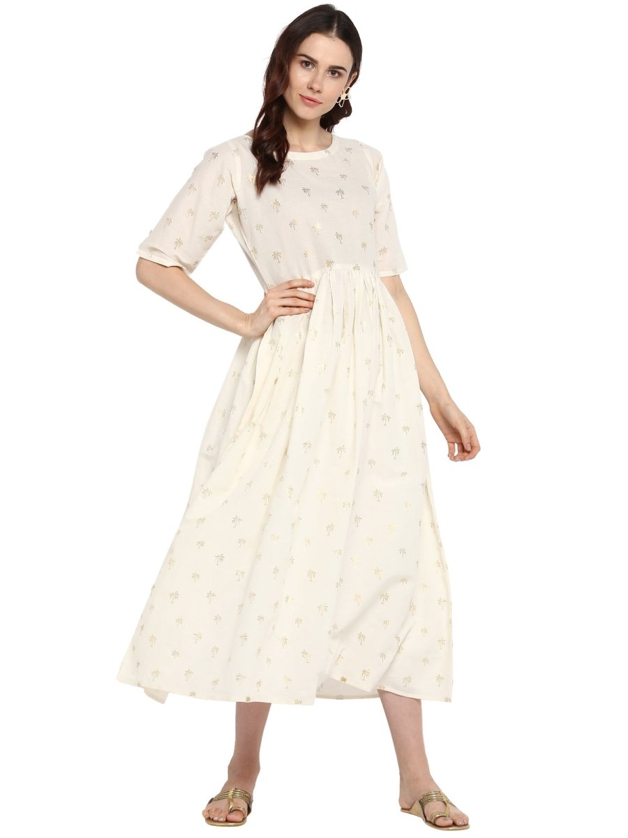 Ahalyaa Women White Printed Fit and Flare Dress | Swadesiicart