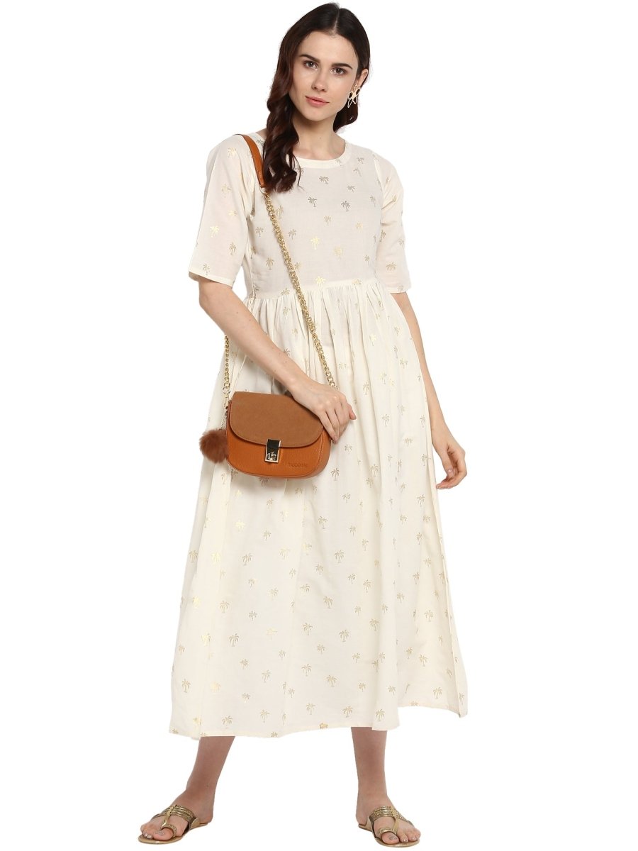 Ahalyaa Women White Printed Fit and Flare Dress | Swadesiicart