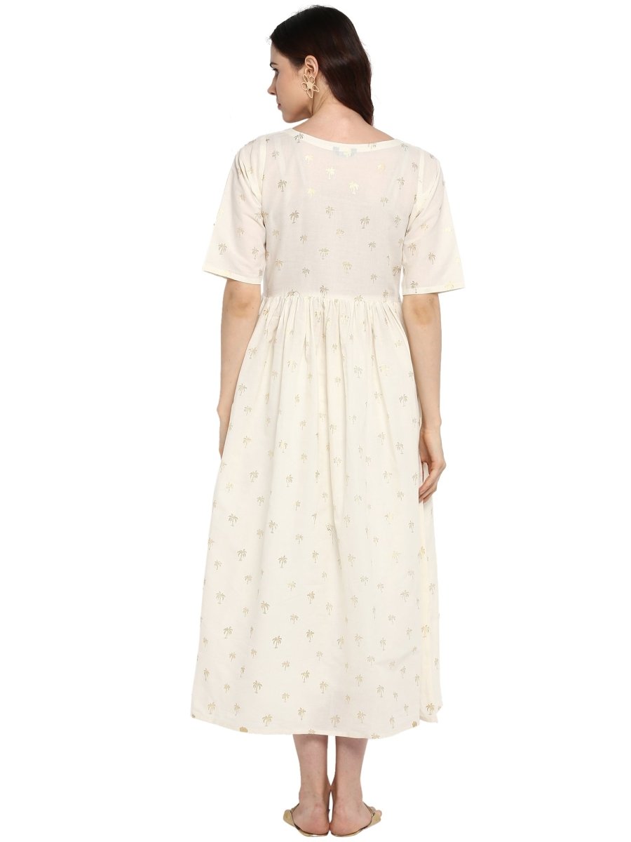 Ahalyaa Women White Printed Fit and Flare Dress | Swadesiicart