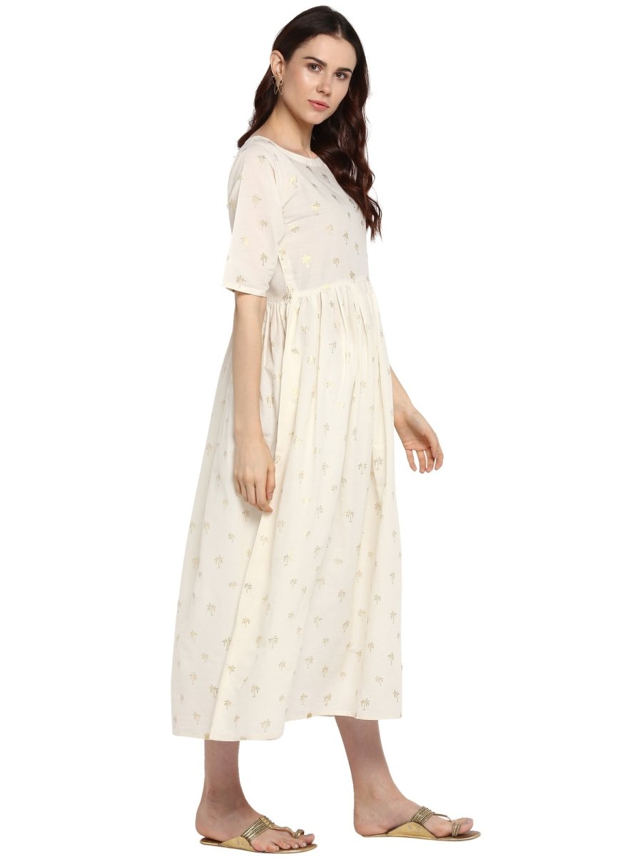 Ahalyaa Women White Printed Fit and Flare Dress | Swadesiicart