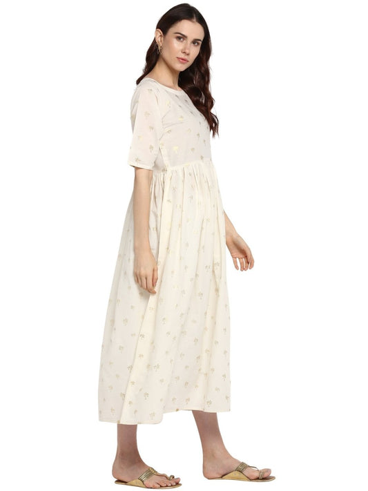Ahalyaa Women White Printed Fit and Flare Dress | Swadesiicart