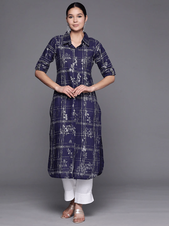 Ahalyaa Women Navy Blue & Silver Printed Pathani Kurta | Swadesiicart