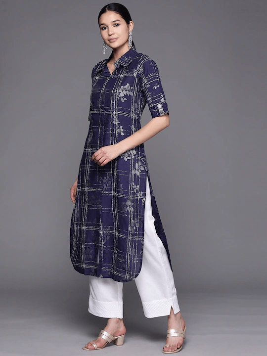 Ahalyaa Women Navy Blue & Silver Printed Pathani Kurta | Swadesiicart