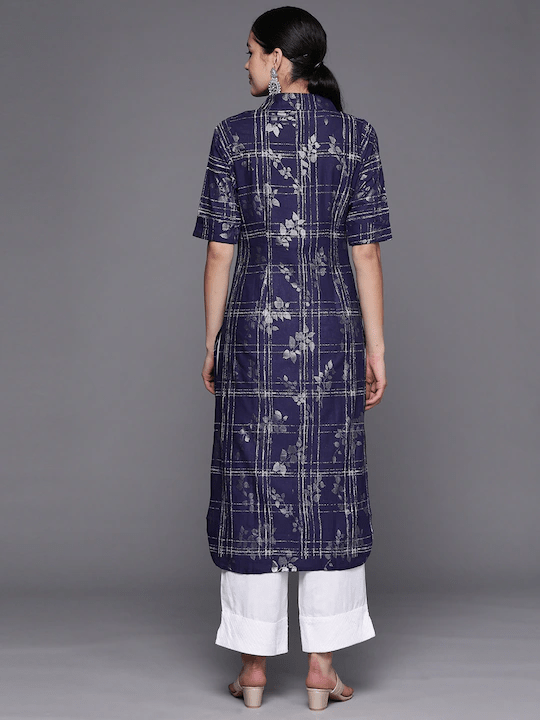 Ahalyaa Women Navy Blue & Silver Printed Pathani Kurta | Swadesiicart