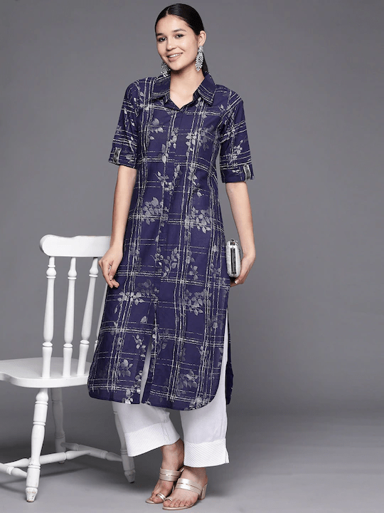 Ahalyaa Women Navy Blue & Silver Printed Pathani Kurta | Swadesiicart