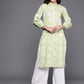 Ahalyaa Floral Printed Zari Mandarin Collar Puff Sleeves Pure Cotton Kurta | Swadesiicart