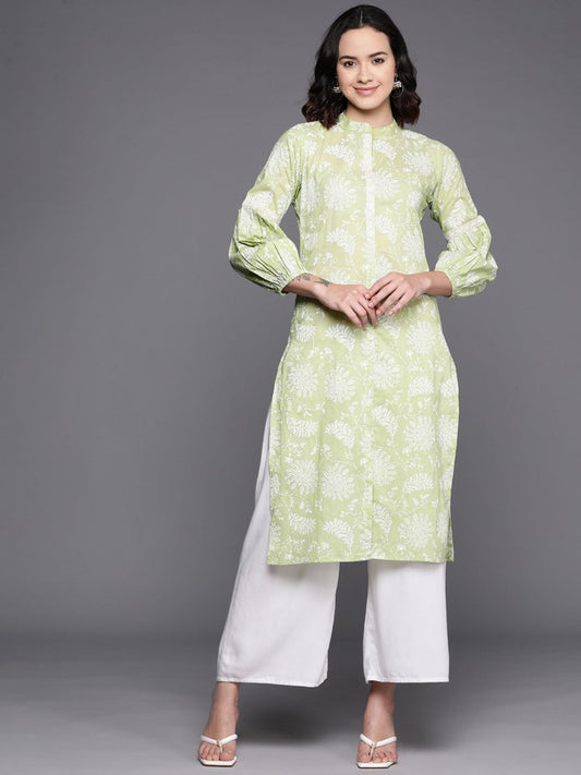 Ahalyaa Floral Printed Zari Mandarin Collar Puff Sleeves Pure Cotton Kurta | Swadesiicart