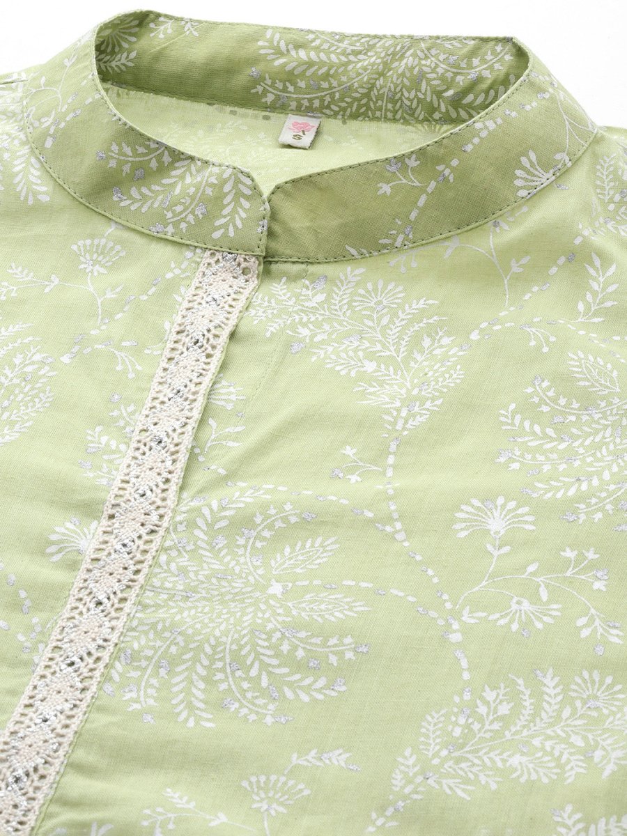 Ahalyaa Floral Printed Zari Mandarin Collar Puff Sleeves Pure Cotton Kurta | Swadesiicart