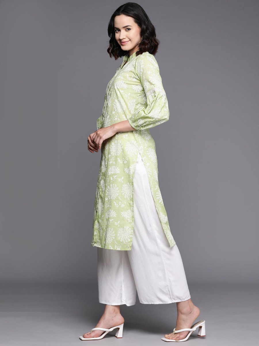 Ahalyaa Floral Printed Zari Mandarin Collar Puff Sleeves Pure Cotton Kurta | Swadesiicart