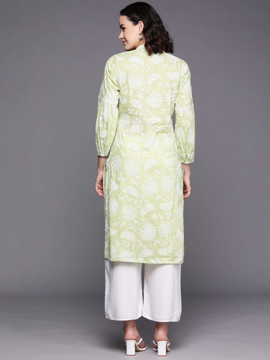 Ahalyaa Floral Printed Zari Mandarin Collar Puff Sleeves Pure Cotton Kurta | Swadesiicart