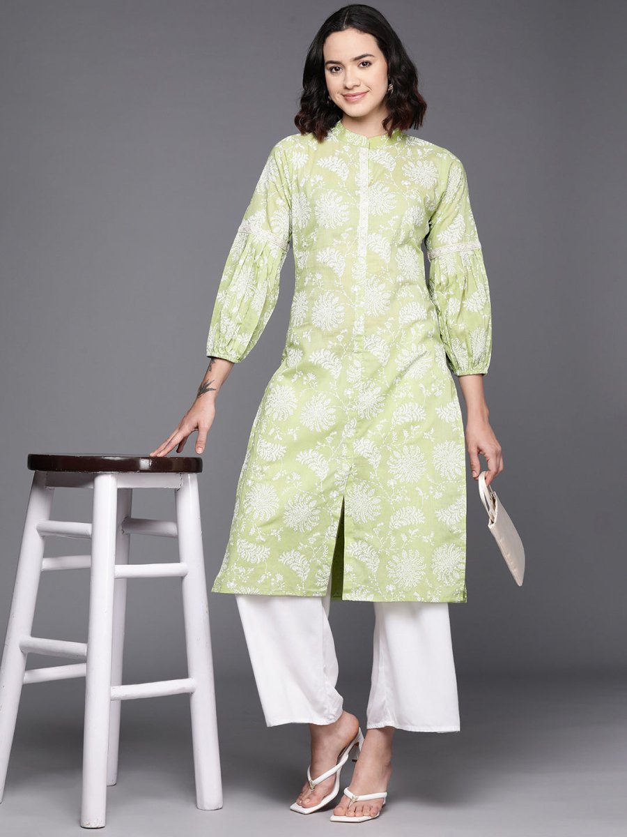 Ahalyaa Floral Printed Zari Mandarin Collar Puff Sleeves Pure Cotton Kurta | Swadesiicart