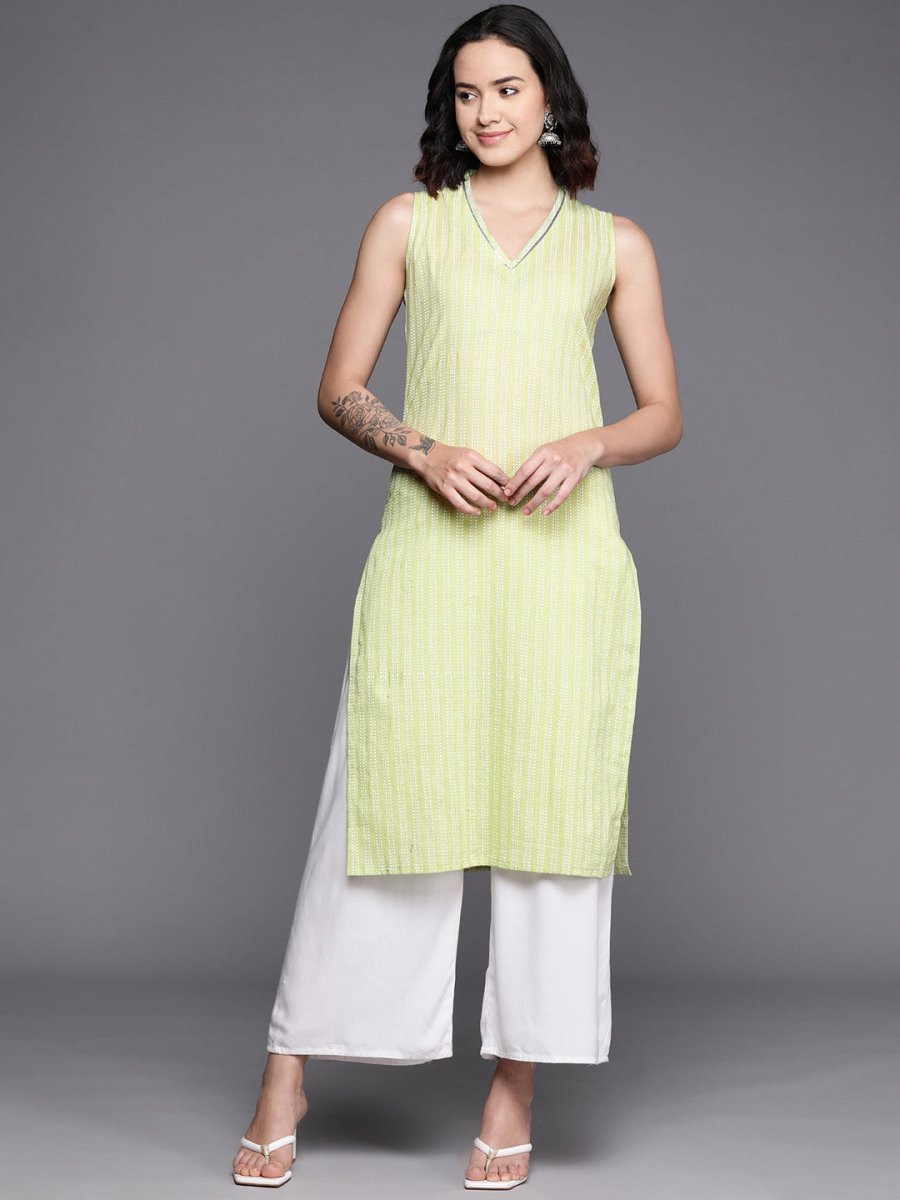 Ahalyaa Women Striped Gotta Patti Pastel Pure Cotton Kurta | Swadesiicart