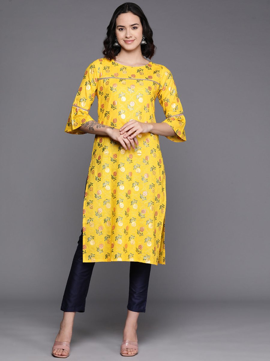 Ahalyaa Floral Printed Zari Bell Sleeves Pure Cotton Kurta | Swadesiicart