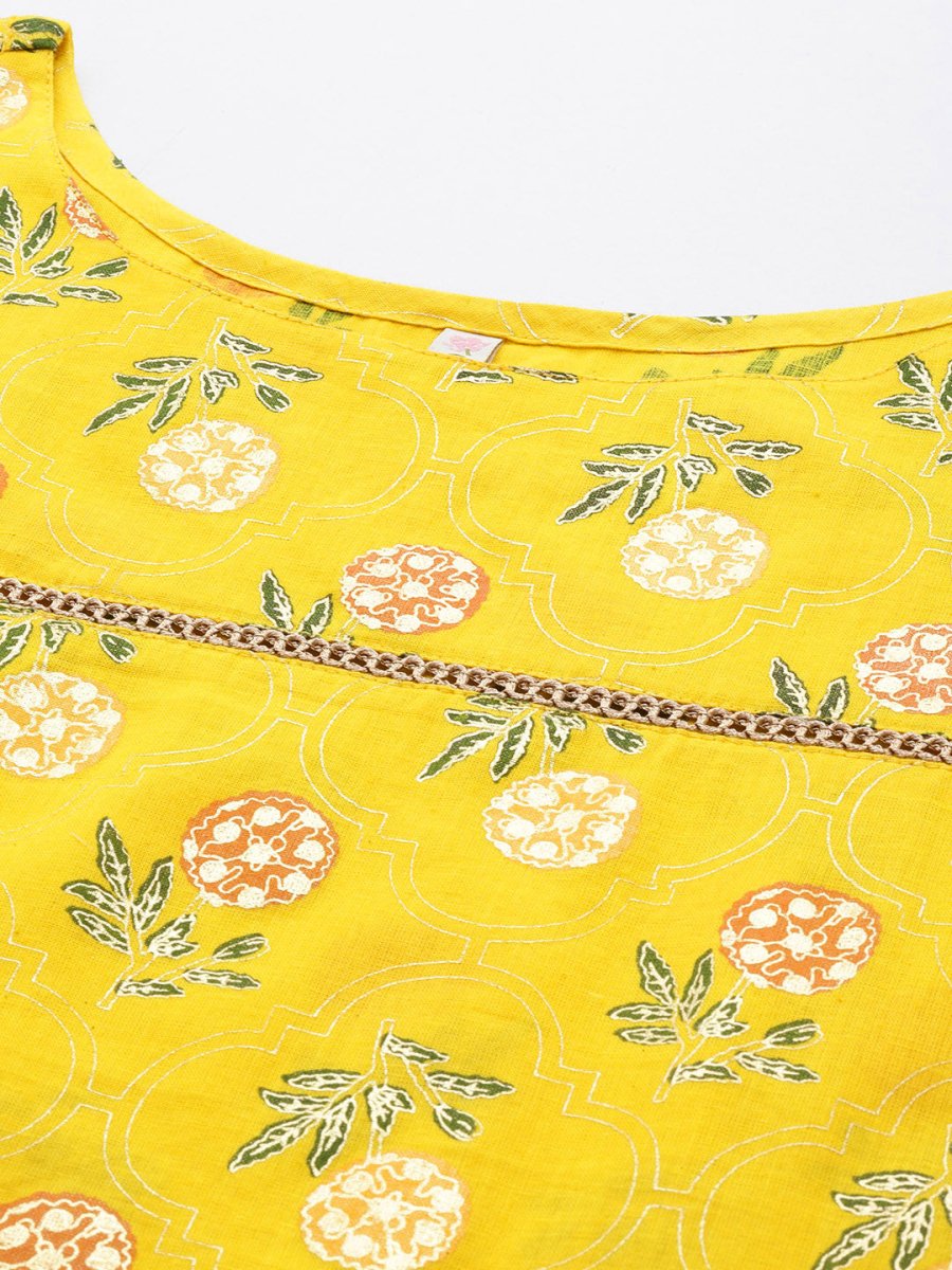 Ahalyaa Floral Printed Zari Bell Sleeves Pure Cotton Kurta | Swadesiicart