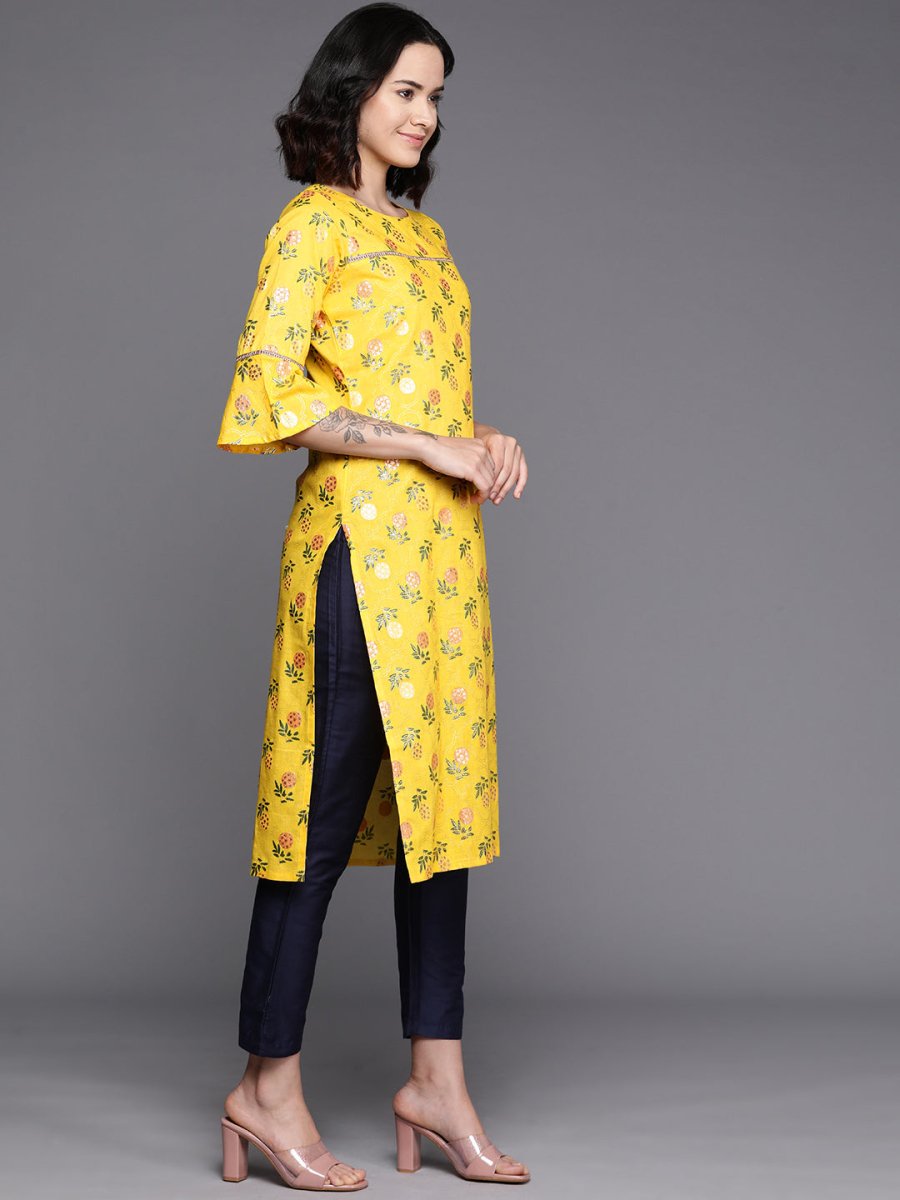 Ahalyaa Floral Printed Zari Bell Sleeves Pure Cotton Kurta | Swadesiicart