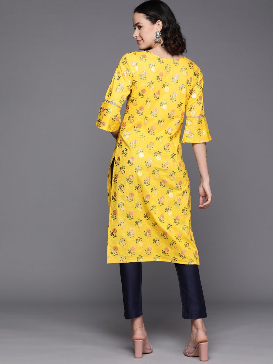 Ahalyaa Floral Printed Zari Bell Sleeves Pure Cotton Kurta | Swadesiicart