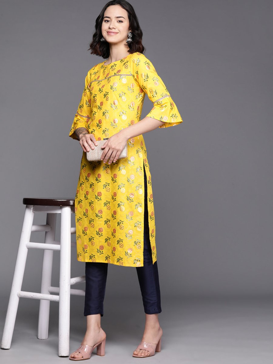 Ahalyaa Floral Printed Zari Bell Sleeves Pure Cotton Kurta | Swadesiicart