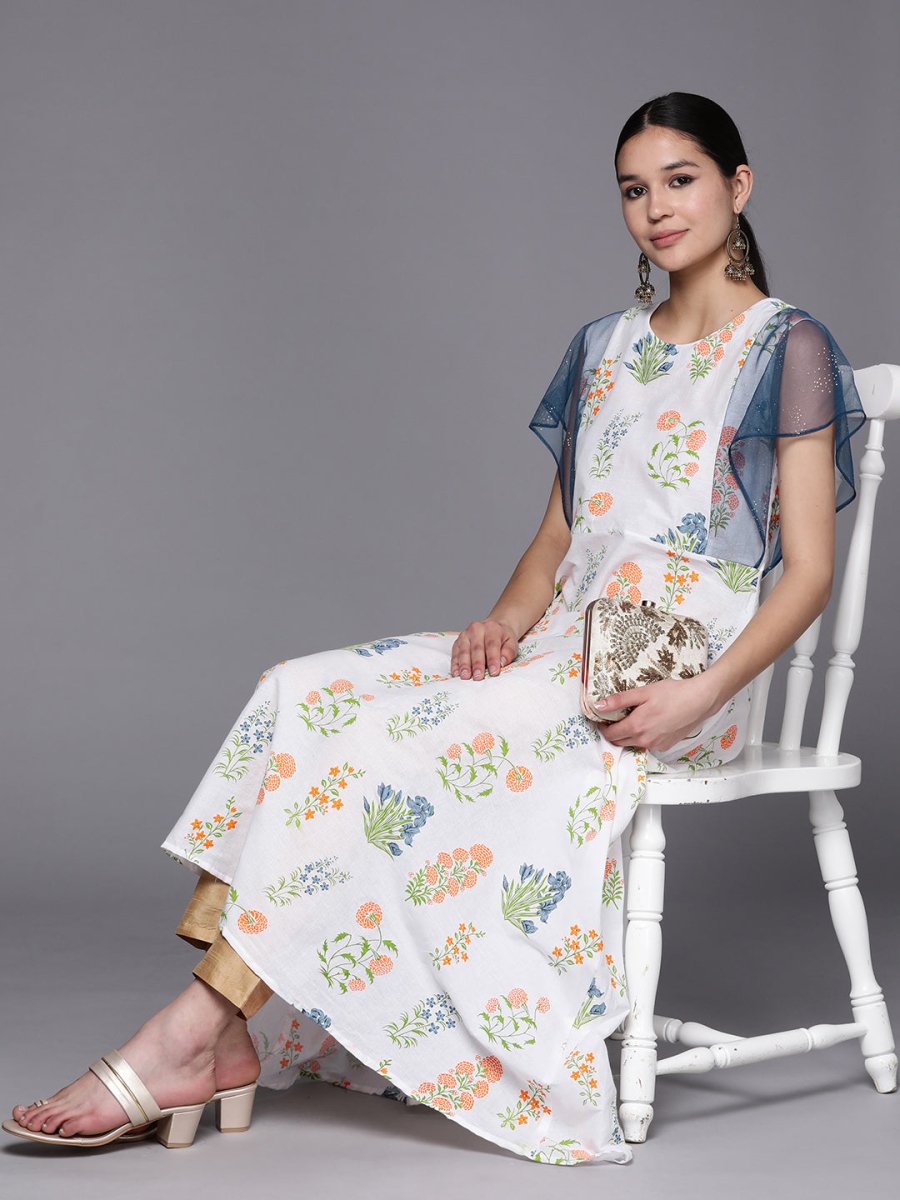 Ahalyaa Women White & Blue Printed A-Line Kurta | Swadesiicart