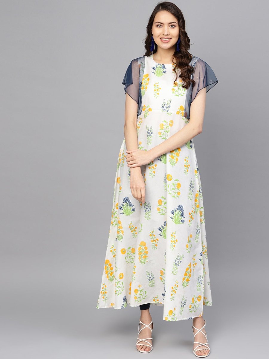 Ahalyaa Women White & Yellow Printed A-Line Beautiful Kurta | Swadesiicart