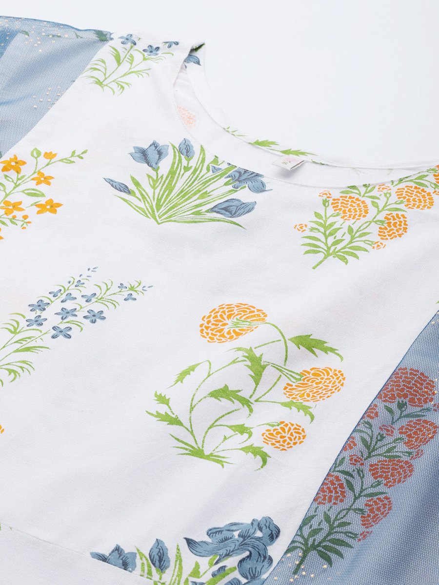Ahalyaa Women White & Blue Printed A-Line Kurta | Swadesiicart