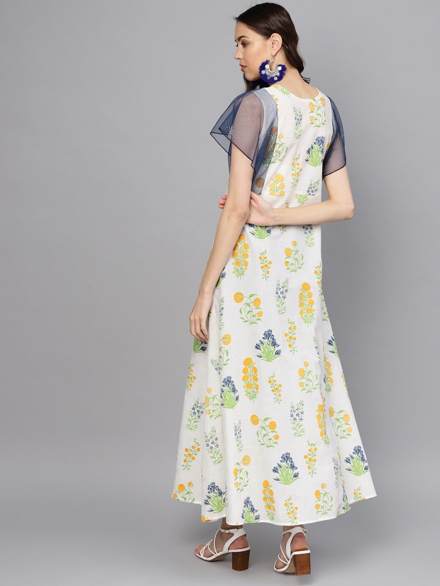 Ahalyaa Women White & Yellow Printed A-Line Beautiful Kurta | Swadesiicart