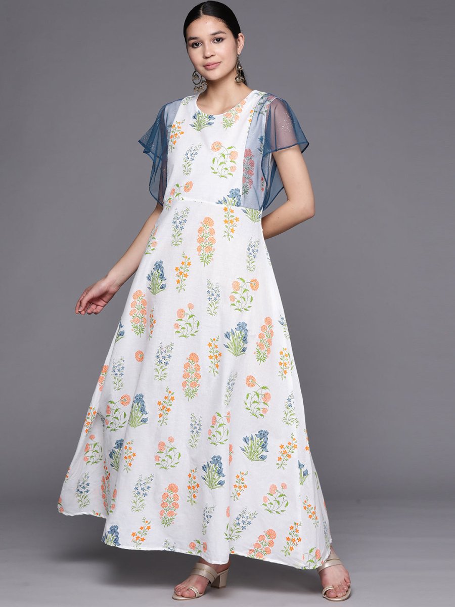 Ahalyaa Women White & Blue Printed A-Line Kurta | Swadesiicart