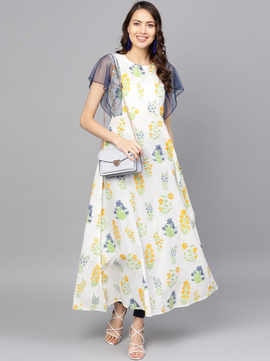 Ahalyaa Women White & Yellow Printed A-Line Beautiful Kurta | Swadesiicart