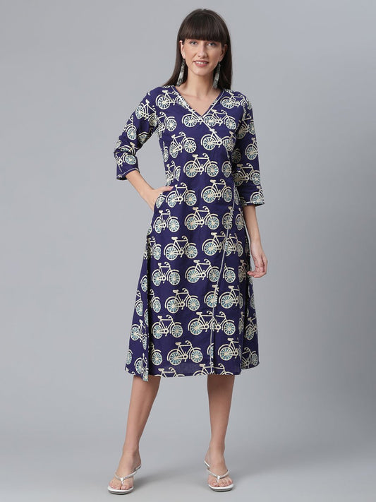 Ahalyaa Women Navy Blue & Off White Pure Cotton Printed Angrakha Beautiful Kurta | Swadesiicart