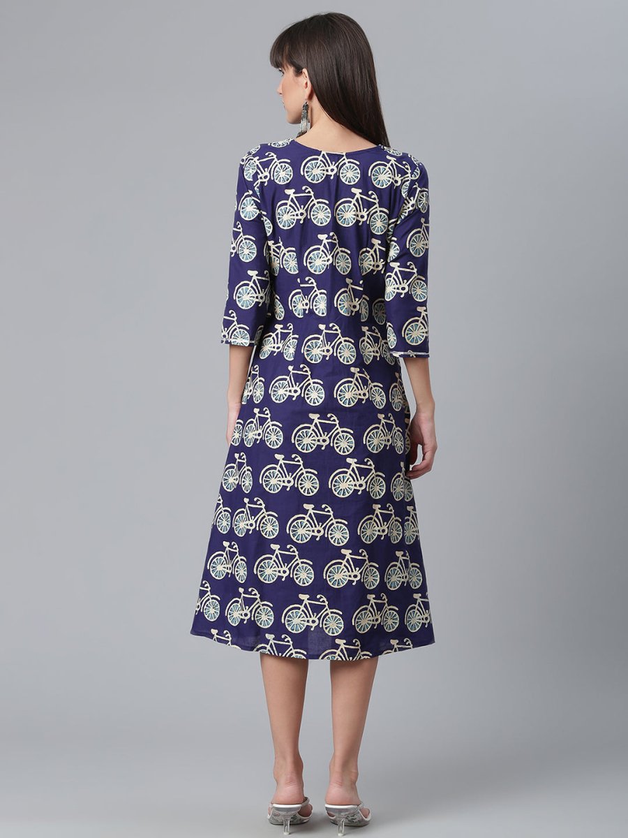 Ahalyaa Women Navy Blue & Off White Pure Cotton Printed Angrakha Beautiful Kurta | Swadesiicart
