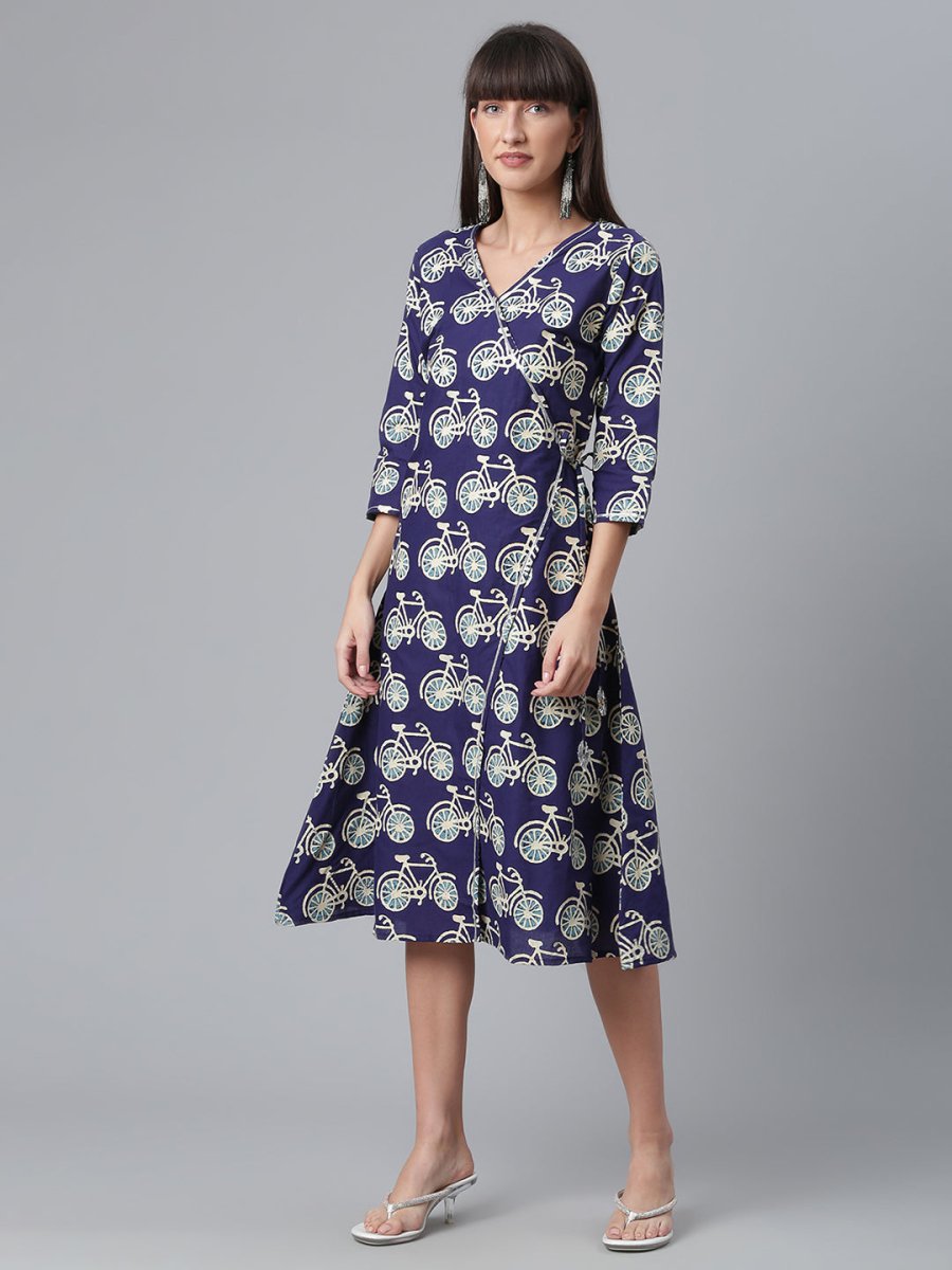 Ahalyaa Women Navy Blue & Off White Pure Cotton Printed Angrakha Beautiful Kurta | Swadesiicart