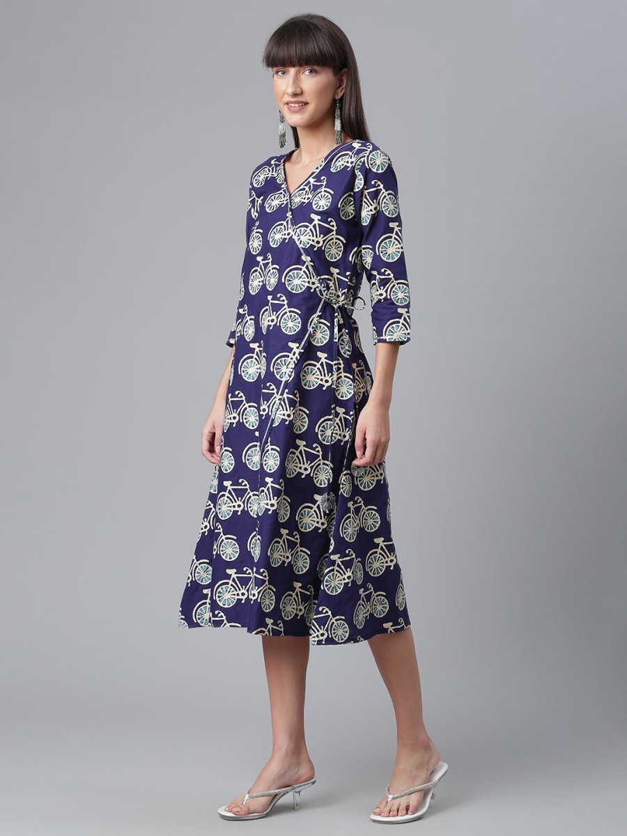 Ahalyaa Women Navy Blue & Off White Pure Cotton Printed Angrakha Beautiful Kurta | Swadesiicart