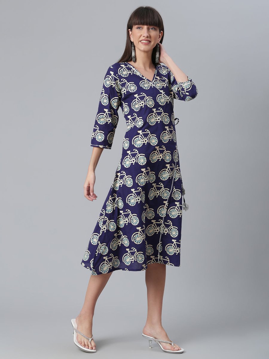 Ahalyaa Women Navy Blue & Off White Pure Cotton Printed Angrakha Beautiful Kurta | Swadesiicart
