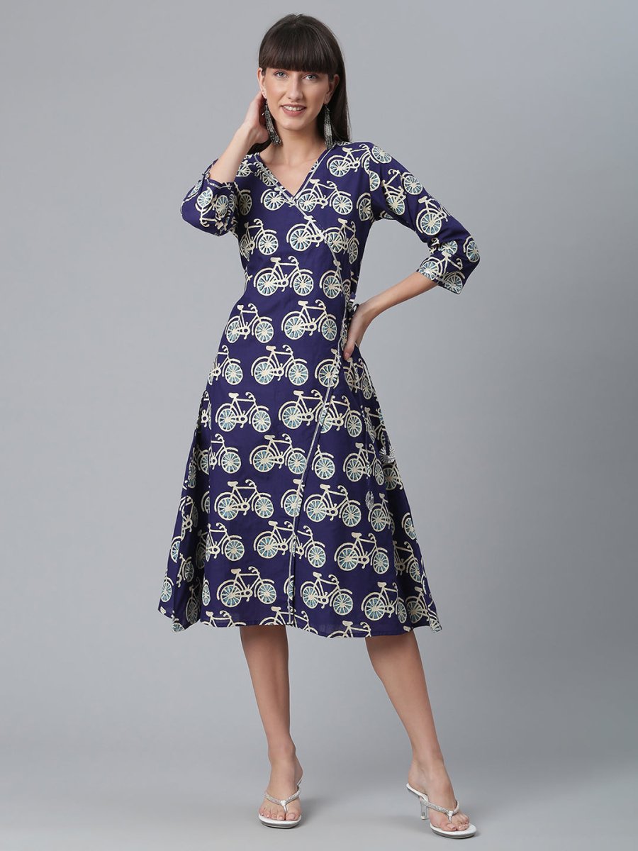 Ahalyaa Women Navy Blue & Off White Pure Cotton Printed Angrakha Beautiful Kurta | Swadesiicart